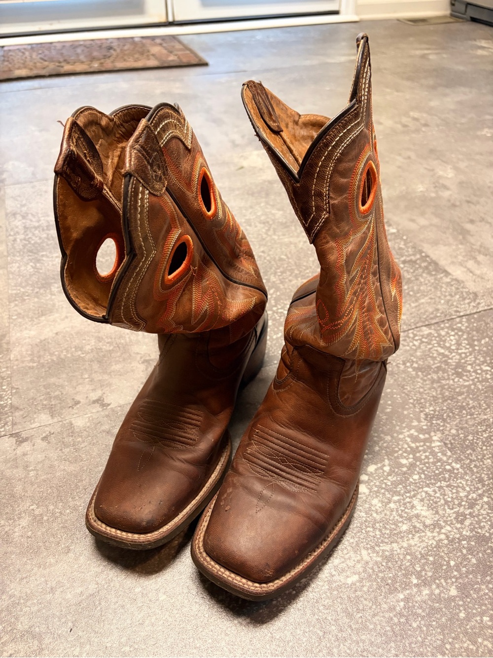 Ariat Tan Leather Boots with Orange Accents worn by Chris on Ghost Asylum